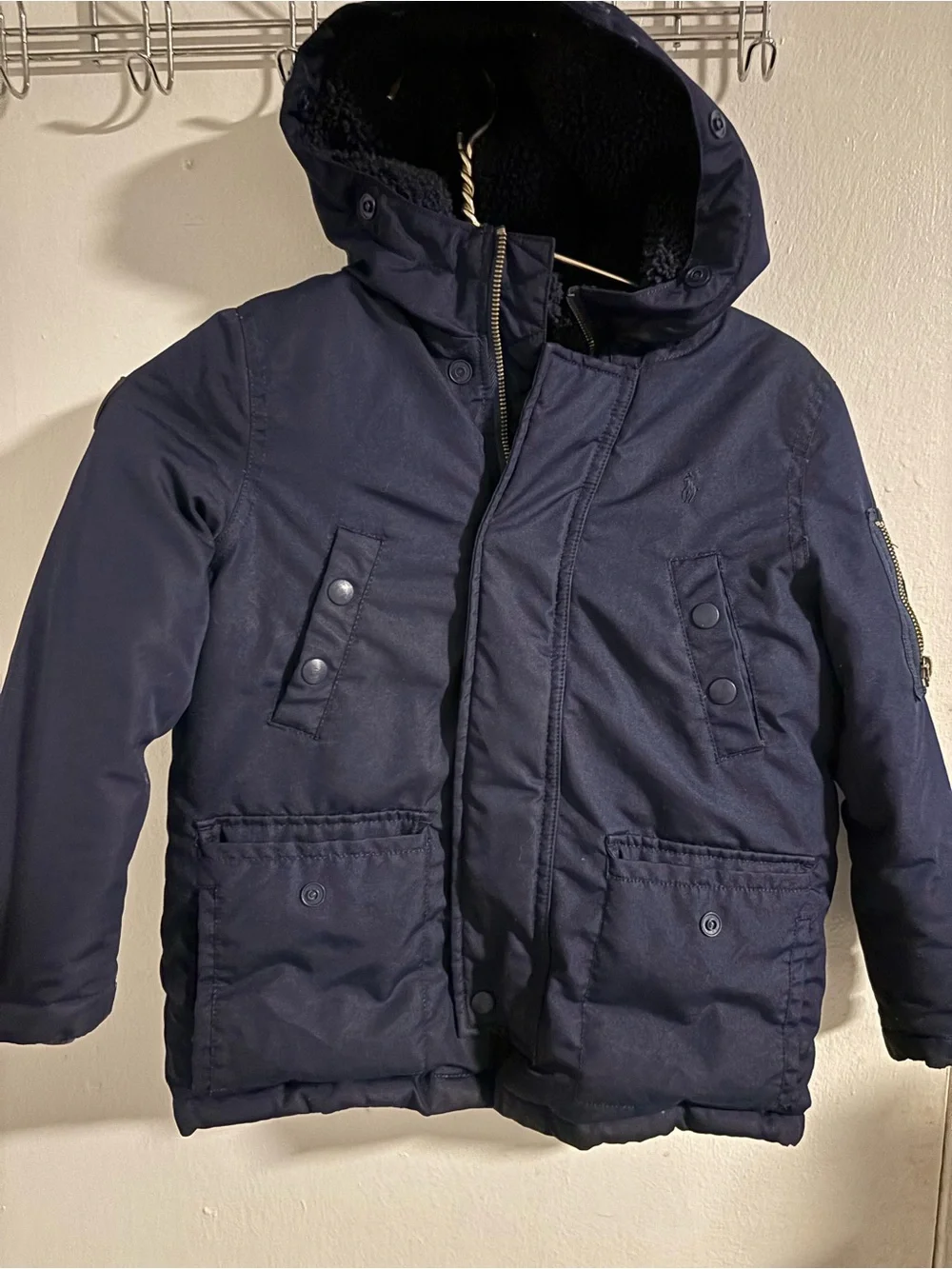 Polo Ralph Lauren Boys Size 6 Navy Hooded Winter Parka Jacket Fleece Lined